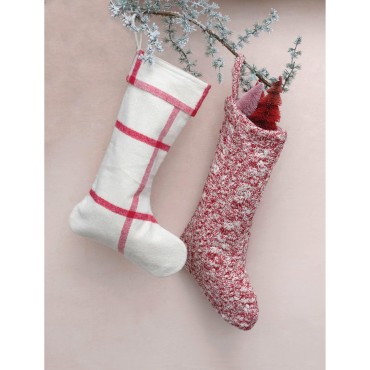 Creative Co-Op Cotton Flannel Stocking with Grid Pattern, Cream and Red