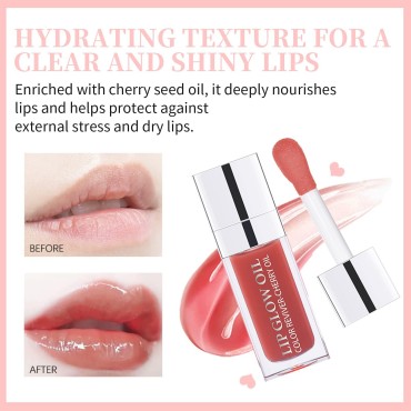 HOSAILY 2pcs Hydrating Lip Glow Oil Set Pink Tinted Plumping Lip Care Gloss Balm Big Applicator Clear Transparent Toot Nourishing Non-sticky Moisturizing Glitter Primer for Dry Lip Raspberry& Rosewood