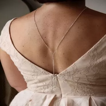 Minzaos BETHYNAS Bridal Crystal Pearl Backdrop Necklace Dainty Long Tassel Back Chain Necklace Sexy Y Lariat Body Chain for Wedding Unique Backless Dress Accessory for Women Girls
