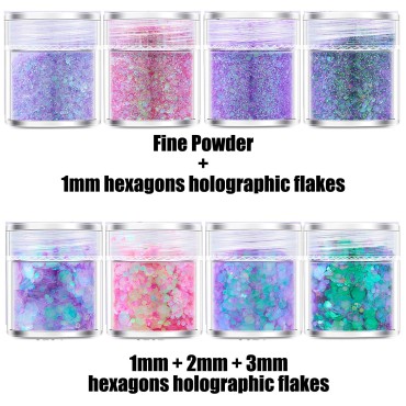 ?????????? 8 Jars Cosmetic Chunky Glitter Purple Pink Green Color Mix, Holographic Nail Resin Glitter, Fine Powder+1mm+2mm+3mm Sequins Flakes, Iridescent Art Glitter Set for Body Face Eyes Hair Crafts