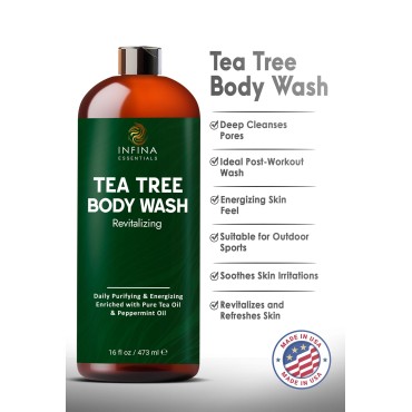 INFINA ESSENTIALS Tea Tree Body Wash Men & Women - Invigorating Shower Gel Soap - Helps with Body Odor, Soothes Itching, Deep Cleansing Tea Tree Oil Body Wash - 16 fl oz