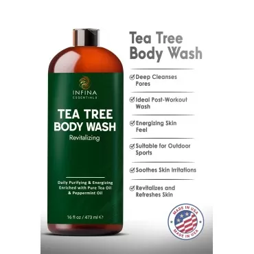 INFINA ESSENTIALS Tea Tree Body Wash Men & Women - Invigorating Shower Gel Soap - Helps with Body Odor, Soothes Itching, Deep Cleansing Tea Tree Oil Body Wash - 16 fl oz