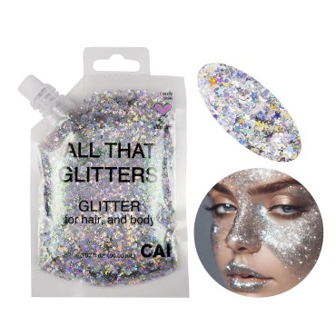 CAI BEAUTY NYC Silver Glitter | Easy to Apply & Remove Chunky Glitter for Body, Face and Hair | 90ml Bag Pouch | Holographic Cosmetic Grade Glamour | Halloween, Music Concert Festival Rave Accessories