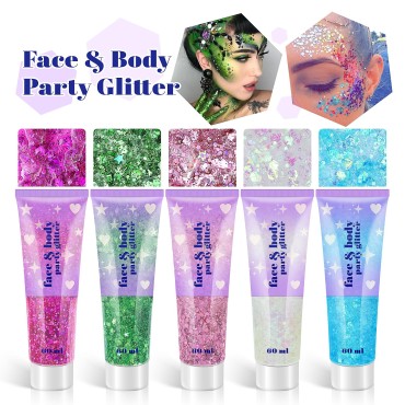 Body Glitter Gel, 2 Jars Holographic Chunky Glitter Makeup for Body, Hair, Face, Nail, Lip, Eyeshadow, Total 120ML Long Lasting Iridescent Chunky Glitter for Concert Festival Rave (Pink & Blue)