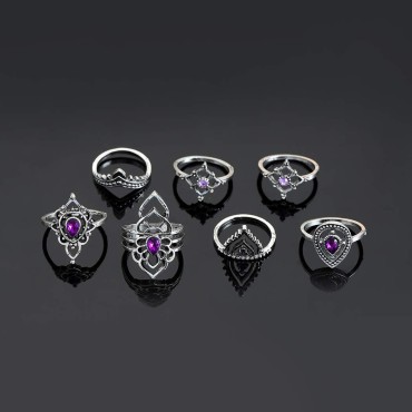 Edary Boho Rings Set Silver Joint Knuckle Rings Crystal Ring for Women and Girls.(7PCS)