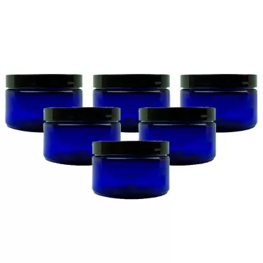 Grand Parfums 6 Cobalt Blue Low Profile 4 Oz Jars PET Plastic Empty Cosmetic Containers, Black Caps, Sugar Scrub, Powder, Body Cream, Lotion, Beads