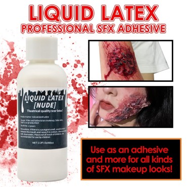 2.2 fl oz Liquid Latex Halloween SFX Makeup Kit, Clear Adhesive Latex Glue for Skin Special Costume Effects for Realistic Scar Cut Wounds Peeling Skin Wrinkes Burns, Light Flesh Body and Face Glue