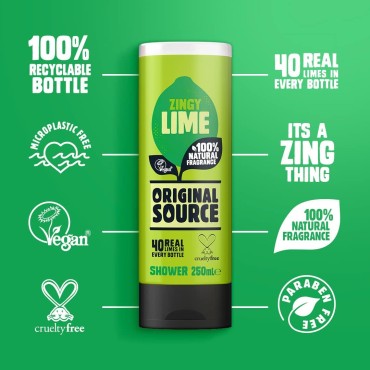 ORIGINAL SOURCE Lime Shower Gel with 100% Natural Fragrance, Vegan Shower Gel, Paraben Free Body Shower Wash, 8.45 Fl Oz (Pack of 6)