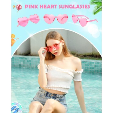YWL 40 Pairs Pink Heart Sunglasses Bulk Rimless Fun Heart Glasses for Women Party Favors