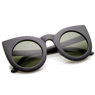 zeroUV - 70s Womens Large Oversized Retro Vintage Cat Eye Sunglasses For Women with Round Lens 48mm (Matte Black/Gree)