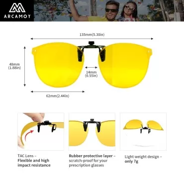 ARCAMOY Clip on Sunglasses Over Prescription Glasses Polarized Anti Glare Flip Up UV Protection Glasses For Men Women (Yellow - Night Driving)