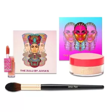 Juvia's Place The Color Bundle. The Warrior 3 + The Zulu + The Heroine Loose Highlighter + Wahala Shakara Mini Lip Gloss + Juvias Place Face Blending Brush. (Bundle Set)