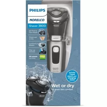 Philips Norelco Shaver 3800, Rechargeable Wet & Dry Shaver with Pop-up Trimmer, Charging Stand and Storage Pouch, Space Gray, S3311/85