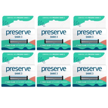 Preserve Shave 3 Razor Blades, 24 cartridges (4 razors in each box, 6 boxes total), Packaging may vary