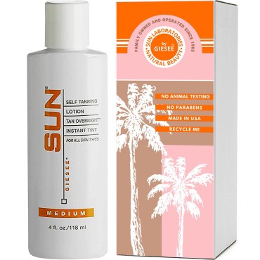 Sun Laboratories Tan Overnight Self Tanning Lotion 4 oz - Natural Sunless Body and Face Lotion, Medium Self Tanner for Sun-Kissed Fake Tan, Skin-Friendly Tanning Bed Lotion