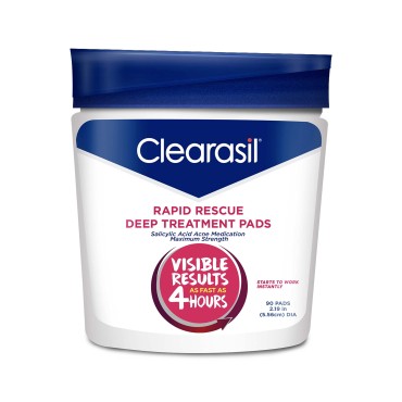 Clearasil Rapid Rescue Deep Treatment Acne Face Pads, Maximum Strenght with 2% Salicylic Acid Acne Treatment Medicine, 90 Count