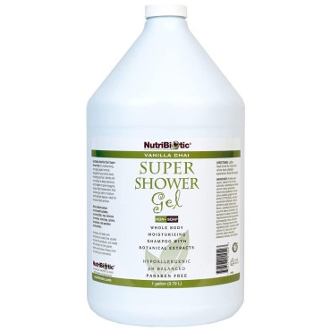 NutriBiotic - Vanilla Chai Super Shower Gel, 1 Gallon (128 Fl Oz) | Whole Body Shampoo with GSE & Botanical Extracts | pH Balanced , Non-Soap & Free of Gluten, Parabens, Sulfates, Dyes & Colorings