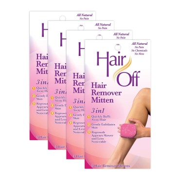 Hair Off Hair Remover Mitten - All-Natural, Painless & Chemical Free - Full Body Hair Removal - Slows & Lessens Regrowth - Exfoliates Skin (3 Mittens Per Box, Pack of 4)