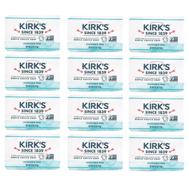 Kirk's Castile Bar Soap Clean Soap for Men, Women & Children | Premium Coconut Oil | Sensitive Skin Formula, Vegan | Fragrance-Free/Unscented | 4 oz. Bars - 12 Pack