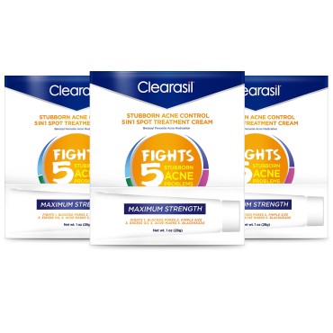 Clearasil Stubborn Acne Control 5-in-1 Spot Treatment Cream with Benzoyl Peroxide Acne Medication to Clear Acne, 1 Ounce (Pack of 3)
