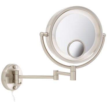 Jerdon Two-Sided Wall-Mounted Makeup Mirror With Lights - Lighted Makeup Mirror with 1X, 7X, & 15X Magnification & Wall-Mount Arm - 8.5-inch Diameter Mirror with Nickel Finish Wall Mount - Model HL8515N