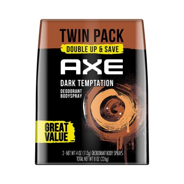 AXE Dual Action Body Spray Deodorant for Long Lasting Odor Protection Dark Temptation Body Spray Deodorant for Men Formulated Without Aluminum 4. 0 oz, Twin Pack