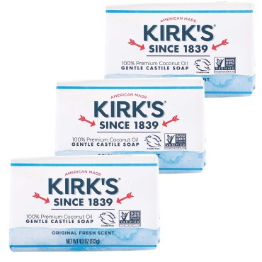 Kirk's Castile Bar Soap Clean Soap for Men, Women & Children| Premium Coconut Oil | Sensitive Skin Formula, Vegan | Original Fresh Scent | 4 oz. Bars - 3 Pack
