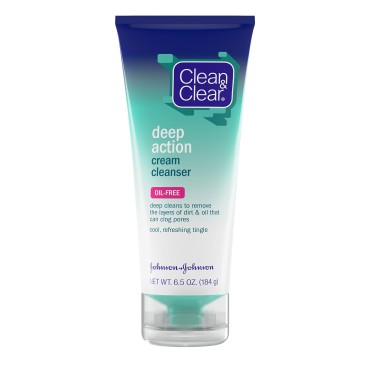 Clean & Clear Oil-Free Deep Action Cream Facial Cleanser, Cooling Daily Face Wash for Deep Pore Cleansing of Acne-Prone Skin, 6.5 oz (Pack of 2)