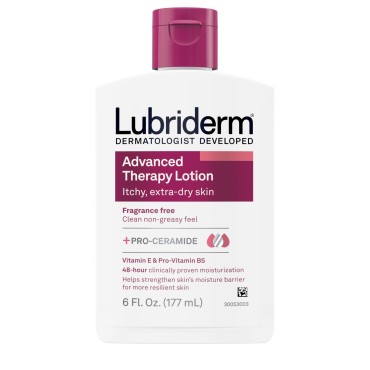 Lubriderm Advanced Therapy Fragrance Free Moisturizing Hand & Body Lotion + Pro-Ceramide with Vitamins E & Pro-Vitamin B5, Intense Hydration for Itchy, Extra Dry Skin, Non-Greasy, 6 fl. oz