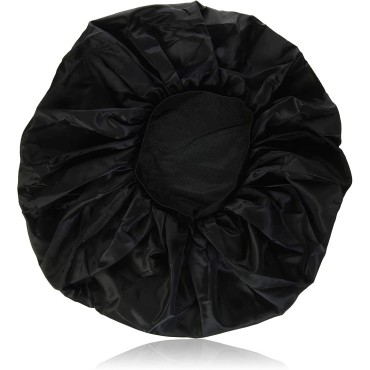 Annie - Ms. Remi Silky Satin Double Cotton - Lined Day and Night Cap - Comfort Elastic Band (Extra Jumbo - Black)