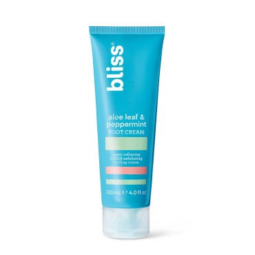 Bliss - Aloe Leaf & Peppermint Foot Cream | Super Softening AHA Exfoliating Cooling Cream | Exfoliator & Moisturizer | Vegan | Cruelty Free | Paraben Free | 4.0 fl. oz.