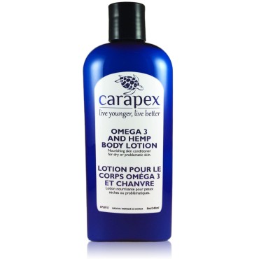 Carapex Natural Omega 3 & Hemp Body Lotion with Shea Butter, Hemp Seed Oil, Best for Reducing Body Acne, for Dry or Sensitive Skin, Fragrance Free, Paraben Free, 8 oz (Single)