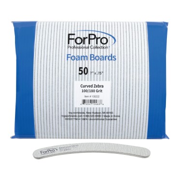 ForPro Zebra Curved Foam Board, 100/180 Grit, Double-Sided Manicure and Pedicure Nail Files, 7” L x .75” W, 50-Count