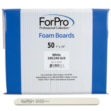ForPro White Foam Board, 180/240 Grit, Mylar Manicure and Pedicure Nail File, 7” L x .75” W, 50-Count