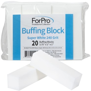 ForPro Super White Buffing Block, 240 Grit, Four-Sided Manicure and Pedicure Nail Buffer, 3.75” L x 1” W x 1” H, 20-Count