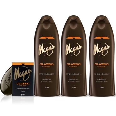 3 Bottles of Magno Classic Shower Gel 18.3oz/550ml with Magno Soap 4.4oz.