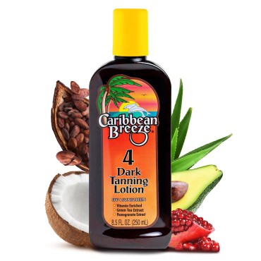 Caribbean Breeze Dark Tanning Lotion for Outdoor Sun, SPF 4 Tanning Accelerator Bronzer with Mango Lime Fragnance, Rich in Anti Oxidants, Natural Green Tea and Pomegranate Extracts, 8.5 oz (250 ml)