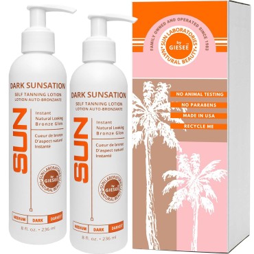 Sun Laboratories Dark Sunsation Self-Tanning Lotion - Face & Body Fake Tan, Natural Self Tan, Very Dark - Sunless Golden Glow - 2 Pack 8 fl oz Bottles