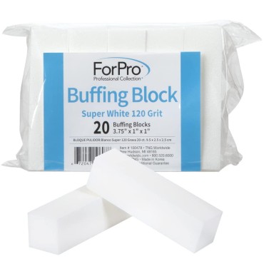 ForPro Super White Buffing Block, 120 Grit, Four-Sided Manicure and Pedicure Nail Buffer, 3.75” L x 1” W x 1” H, 20-Count
