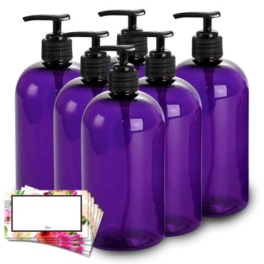 Baire Bottles 16 oz Empty Refillable Plastic Pump Bottles Dispenser 6 Pk PET BPA Free Refillable Containers Shampoo Lotion Oil Soap Waterproof Labels USA (Purple with Black Pump Floral Labels)