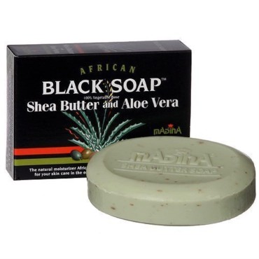 African Black Soap With Shea Butter & Aloe Vera by Madina 100% Vegetable Base 3.5 oz (3 Bars)... iwgl