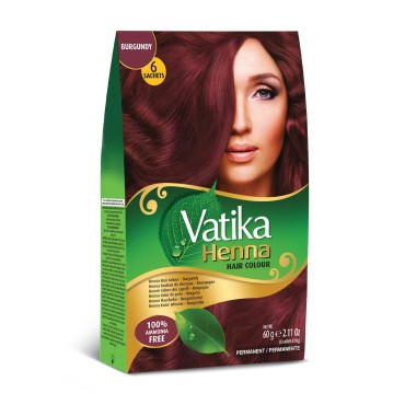 Dabur Vatika Henna Hair Color - Henna Hair Dye, Henna Hair Color and Conditioner, Zero Ammonia Henna for Strong and Shiny Hair, 100% Grey Coverage, 6 Sachets X 10g (Burgundy)