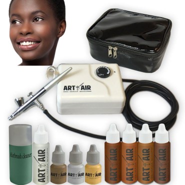 Art of Air DARK Complexion Professional Airbrush Cosmetic Makeup System / 4pc Foundation Set with Blush, Bronzer, Shimmer and Primer Makeup Airbrush Kit