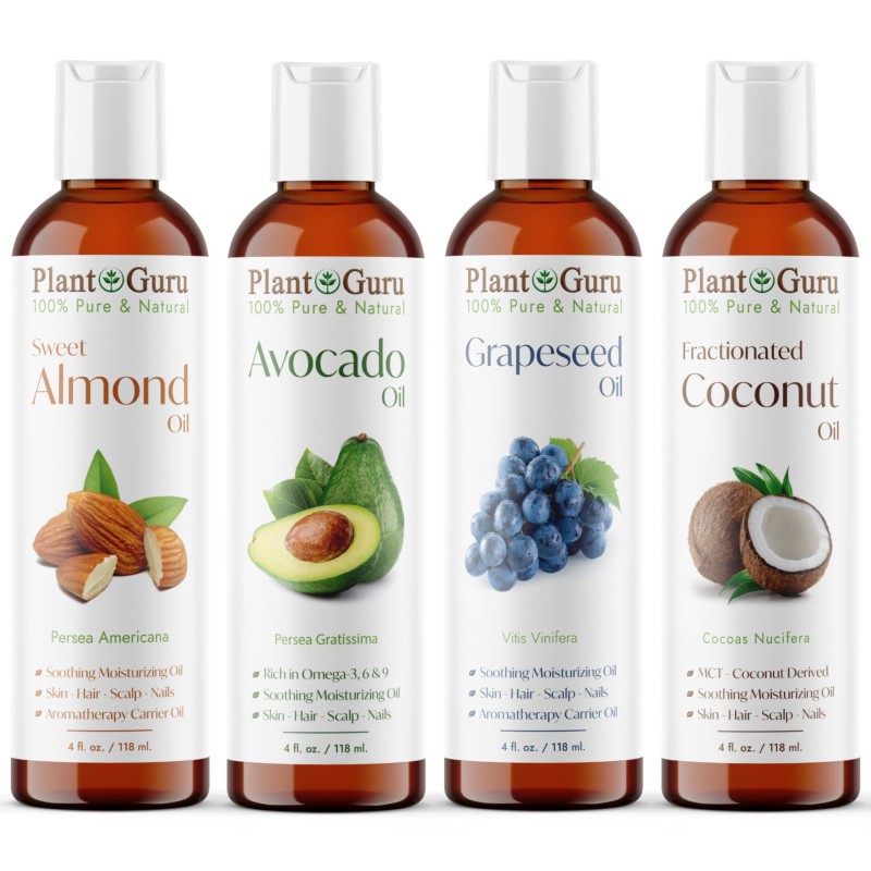 Carrier Oil Variety Set 4 oz. Cold Pressed 100% Pure Natural Sweet Almond, Avocado, Coconut Fractionated, Grapeseed. for Aromatherapy Essential Oils, Skin & Hair Growth, Moisturizer, Body Massage.