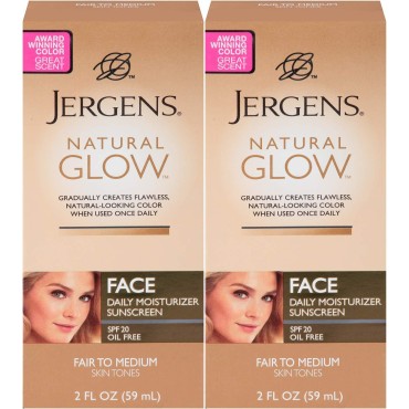 Jergens Glow Face Daily Moisturizer Sunscreen SPF 20, Fair to Med, 2 Ounce - 2 Pack
