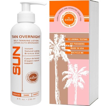Sun Laboratories Tan Overnight Self Tanning Lotion 8 oz - Long Lasting Dark Fake Tan - Bronzing Lotion for Men and Women - Instant Self Tanner - Sunless Tanning - Tanning Cream - Self Tanner Lotion