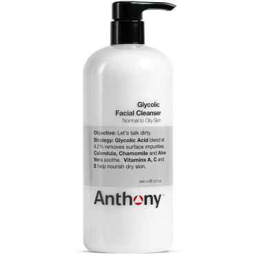 Anthony Glycolic Facial Cleanser for Men - Daily Cleansing Face Wash and Shave Prep - Hydrating, Exfoliating, and Gentle on Sensitive Skin - Non-foaming, 32 Fl Oz