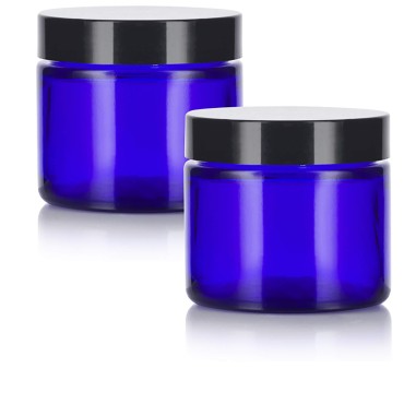 JUVITUS Cobalt Blue Glass Straight Sided Jar With Black Smooth Lids - 2 oz / 60 ml Airtight, Smell Proof, BPA Free (2 pack)