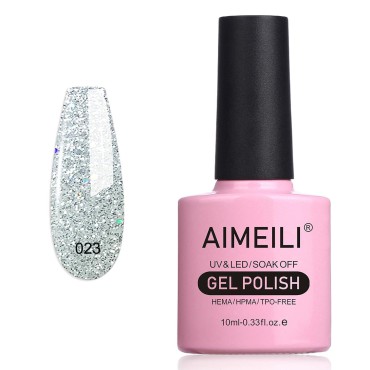 AIMEILI Soak Off U V LED Glitter Gel Nail Polish - Silver Glitter Explosion (023) 10ml