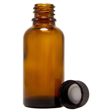 GreenHealth Pack of 4-1oz Amber Glass Bottles for Essential Oils - Mini Boston Round Bottles with Lids - Black Plastic Cap